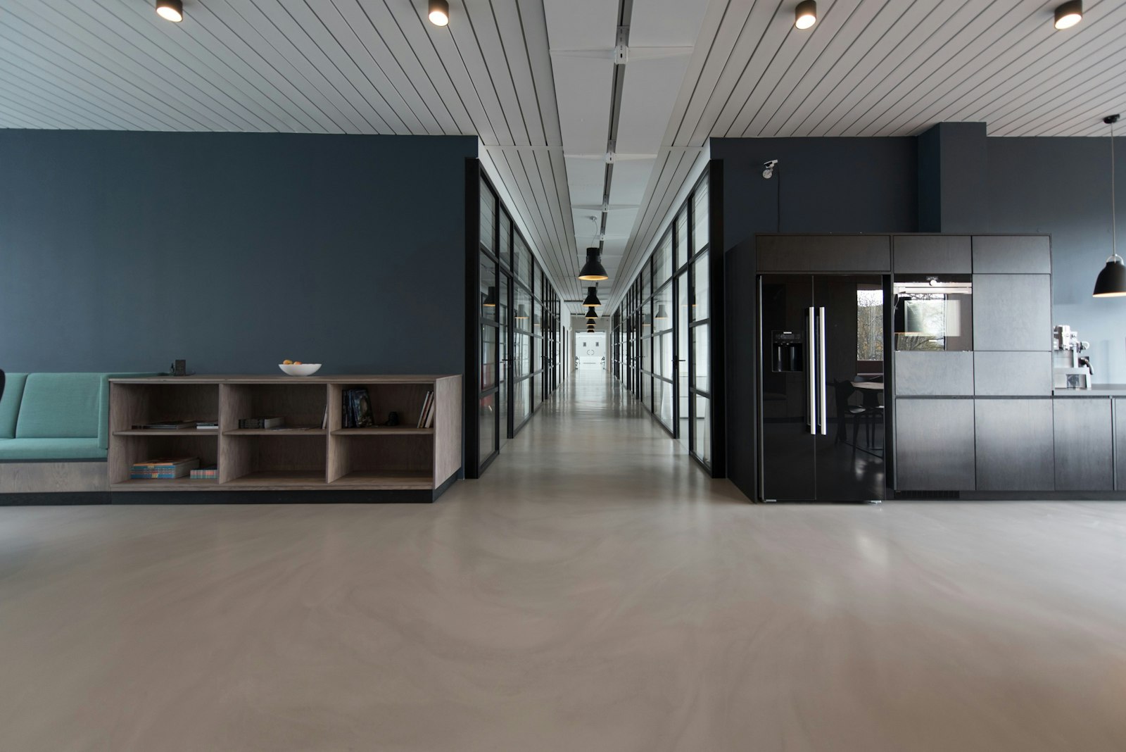Corporate corridor — distributed audio + signage